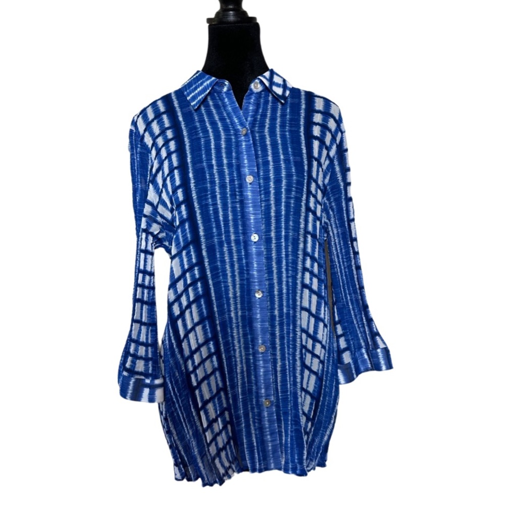 Chicos Size 2 Tie Dye Boho Flare  Hippie Blouse Blue & White